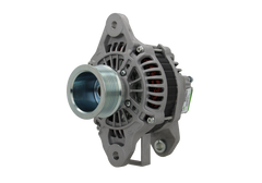 A new 24V 130 amps aftermarket alternator with a gray body, metal pulley, and plastic components.