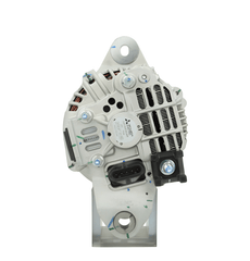rear  view of a new 130 amps aftermarket alternator 24V with a metal body, electrical connectors, and a pulley for a vehicle. on a white background