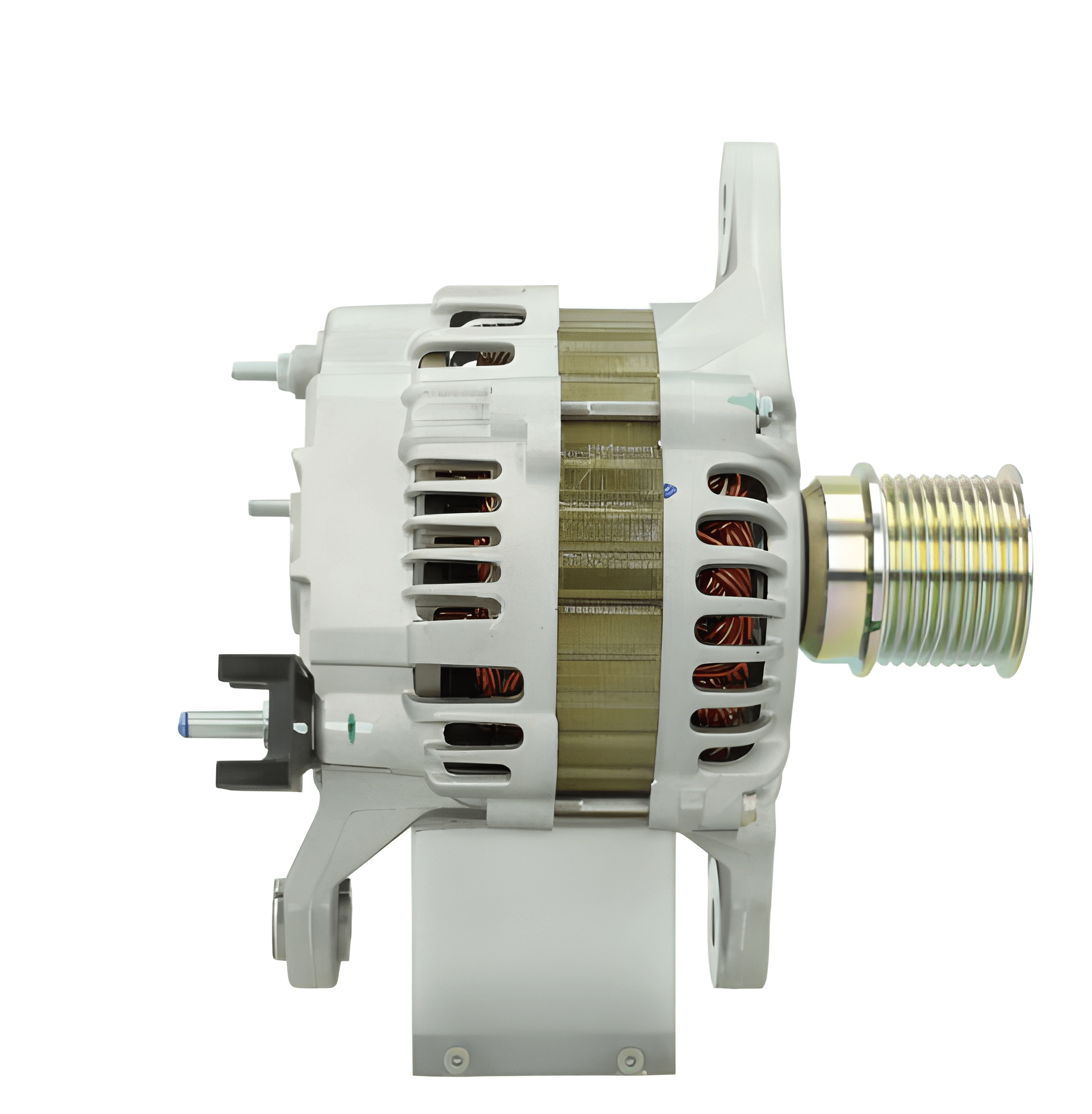 side view of a new 130 amps aftermarket alternator 24V with a metal body, electrical connectors, and a pulley for a vehicle. on a white background
