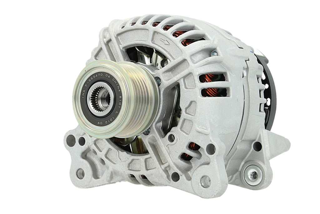 A new aftermarket alternator for a Volkswagen vehicle, showing the front view with a pulley and wiring connectors. on a white bakground