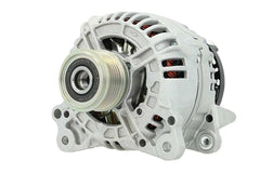 A new aftermarket alternator for a Volkswagen vehicle, showing the front view with a pulley and wiring connectors. on a white bakground