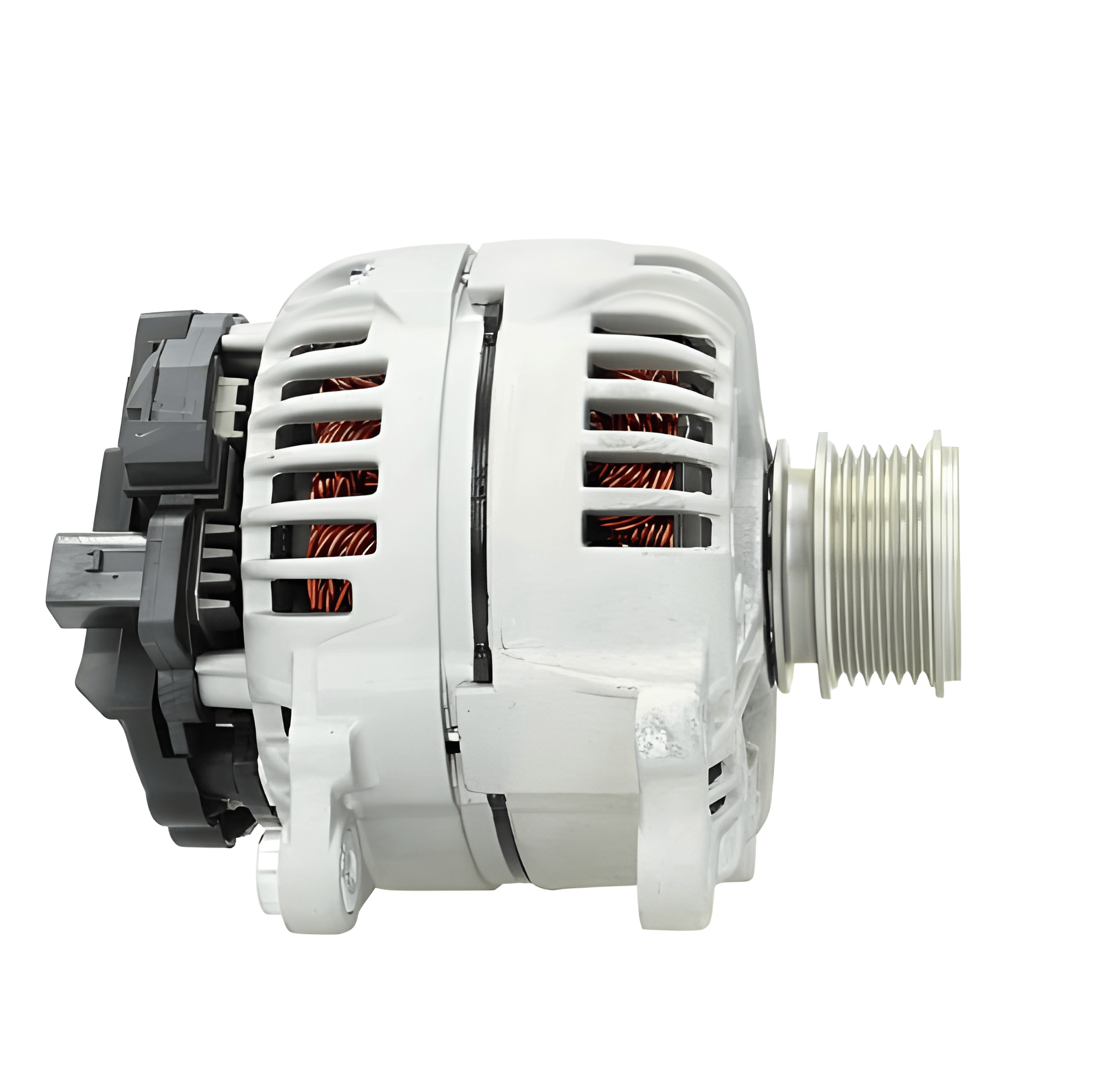 side view of A new aftermarket alternator for a Volkswagen vehicle, showing the front view with a pulley and wiring connectors. on a white bakground