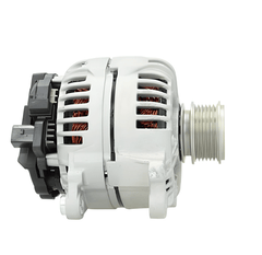 side view of A new aftermarket alternator for a Volkswagen vehicle, showing the front view with a pulley and wiring connectors. on a white bakground