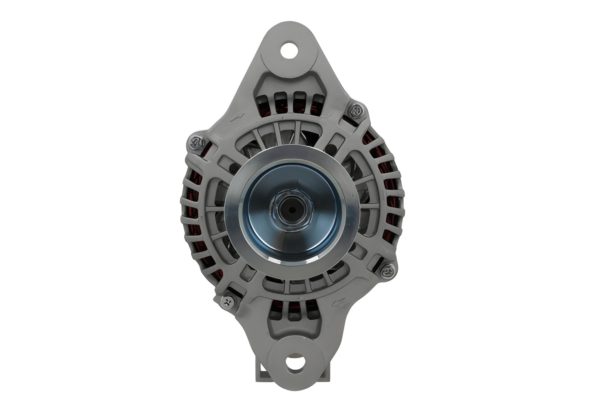 front view of A new 24V 130 amps aftermarket alternator with a gray body, metal pulley, and plastic components.