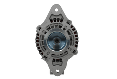 front view of A new 24V 130 amps aftermarket alternator with a gray body, metal pulley, and plastic components.
