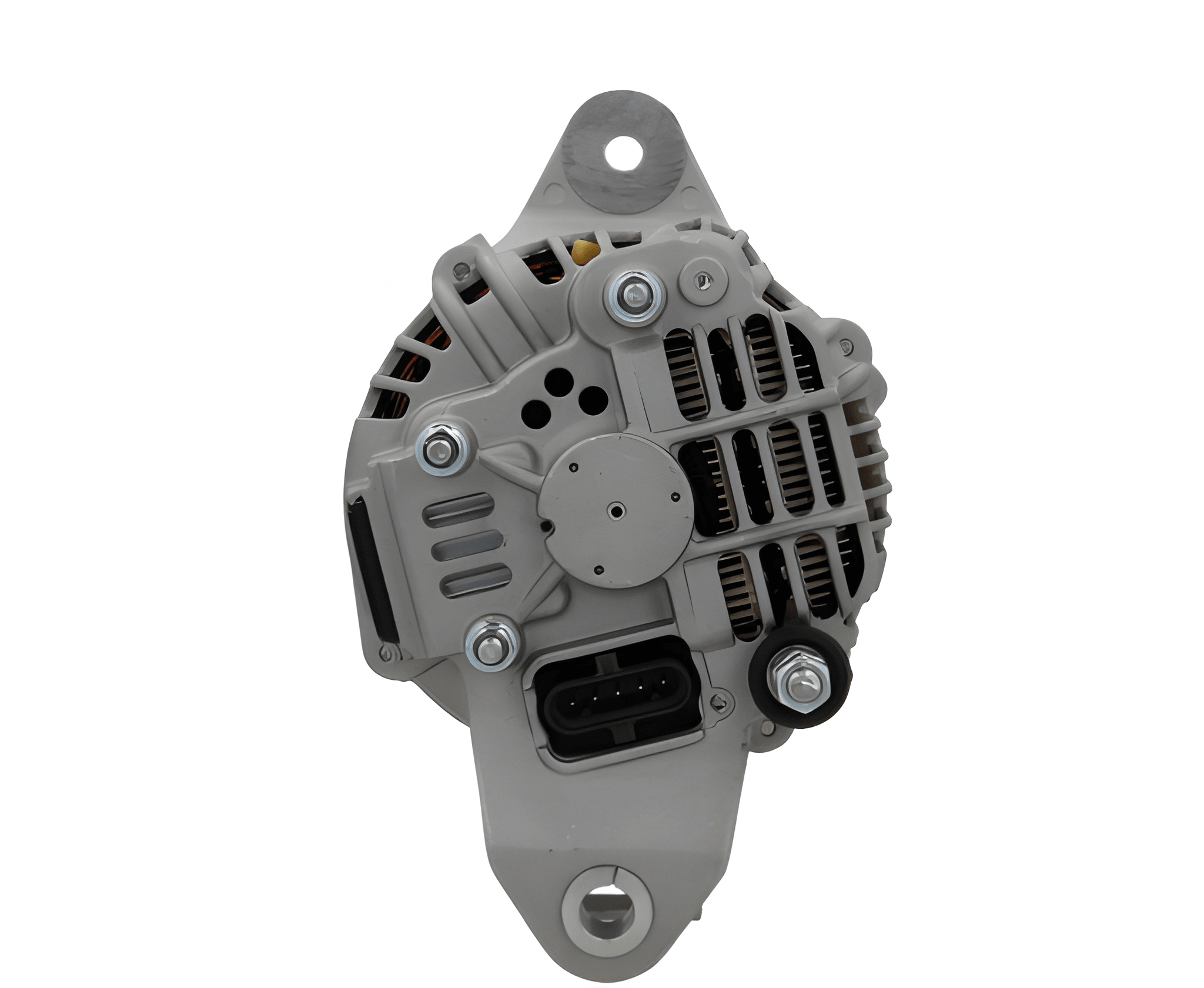 rear view of A new 24V 130 amps aftermarket alternator with a gray body, metal pulley, and plastic components.