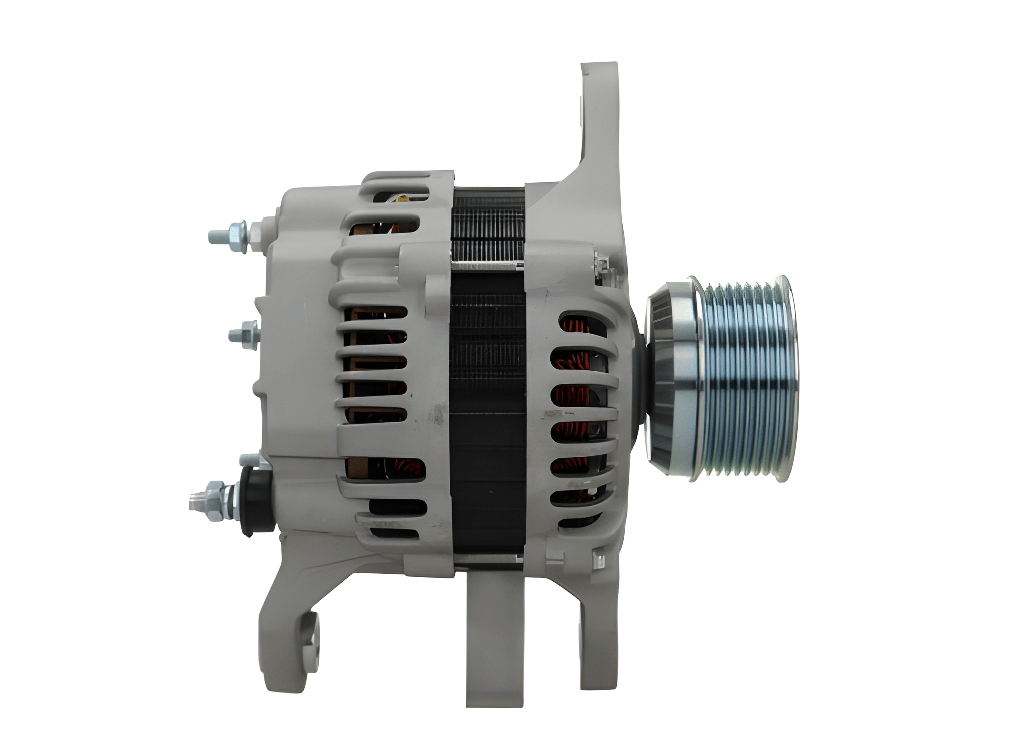 side profile view of A new 24V 130 amps aftermarket alternator with a gray body, metal pulley, and plastic components.