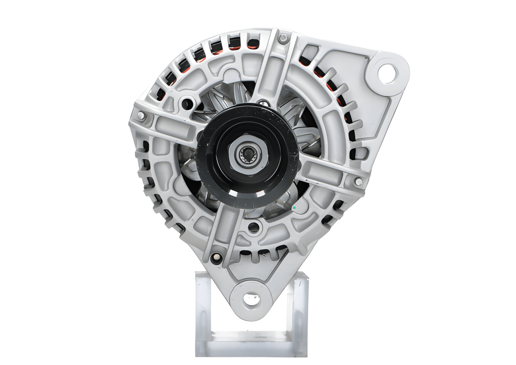 front view of A new 24V aftermarket alternator 70A for Iveco trucks, featuring a metal body with a pulley for belt-driven operation.