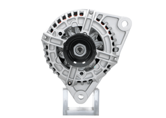 front view of A new 24V aftermarket alternator 70A for Iveco trucks, featuring a metal body with a pulley for belt-driven operation.