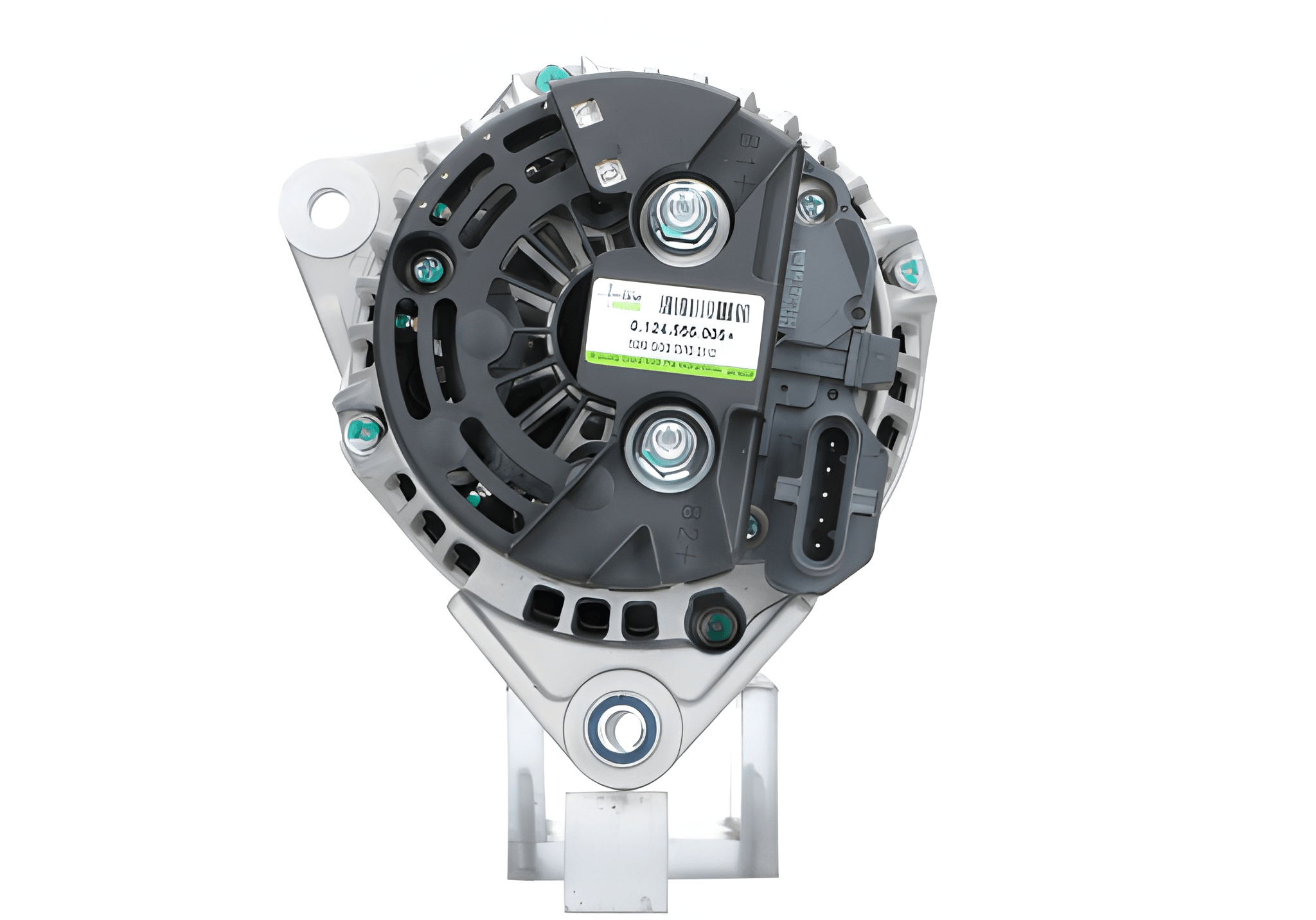 rear view of A new 24V aftermarket alternator 70A for Iveco trucks, featuring a metal body with a pulley for belt-driven operation.