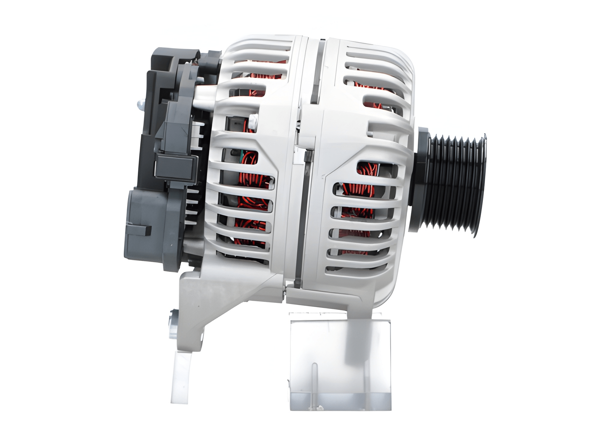 side view of A new 24V aftermarket alternator 70A for Iveco trucks, featuring a metal body with a pulley for belt-driven operation.