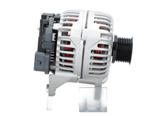 side view of A new 24V aftermarket alternator 70A for Iveco trucks, featuring a metal body with a pulley for belt-driven operation.