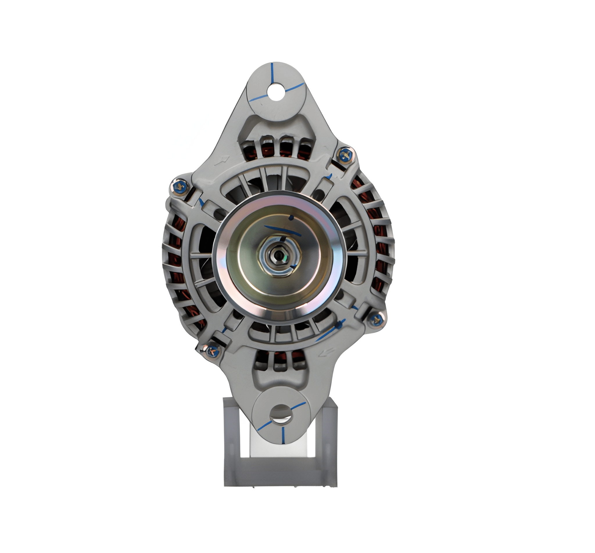 front view of A new aftermarket alternator with a silver and gray color, designed for Renault and volvo trucks. on a white background