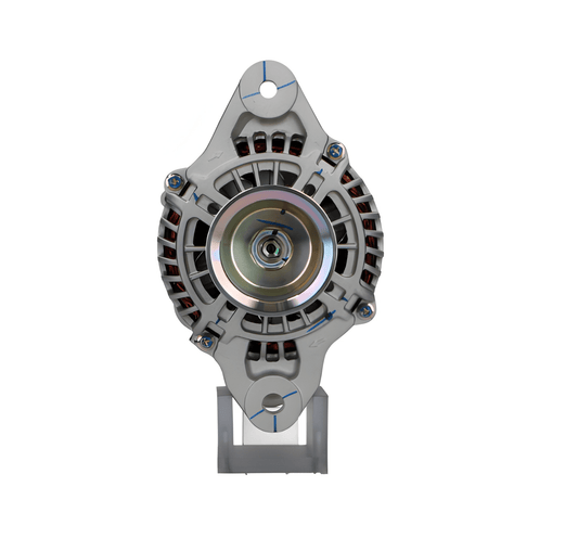 front view of A new aftermarket alternator with a silver and gray color, designed for Renault and volvo trucks. on a white background