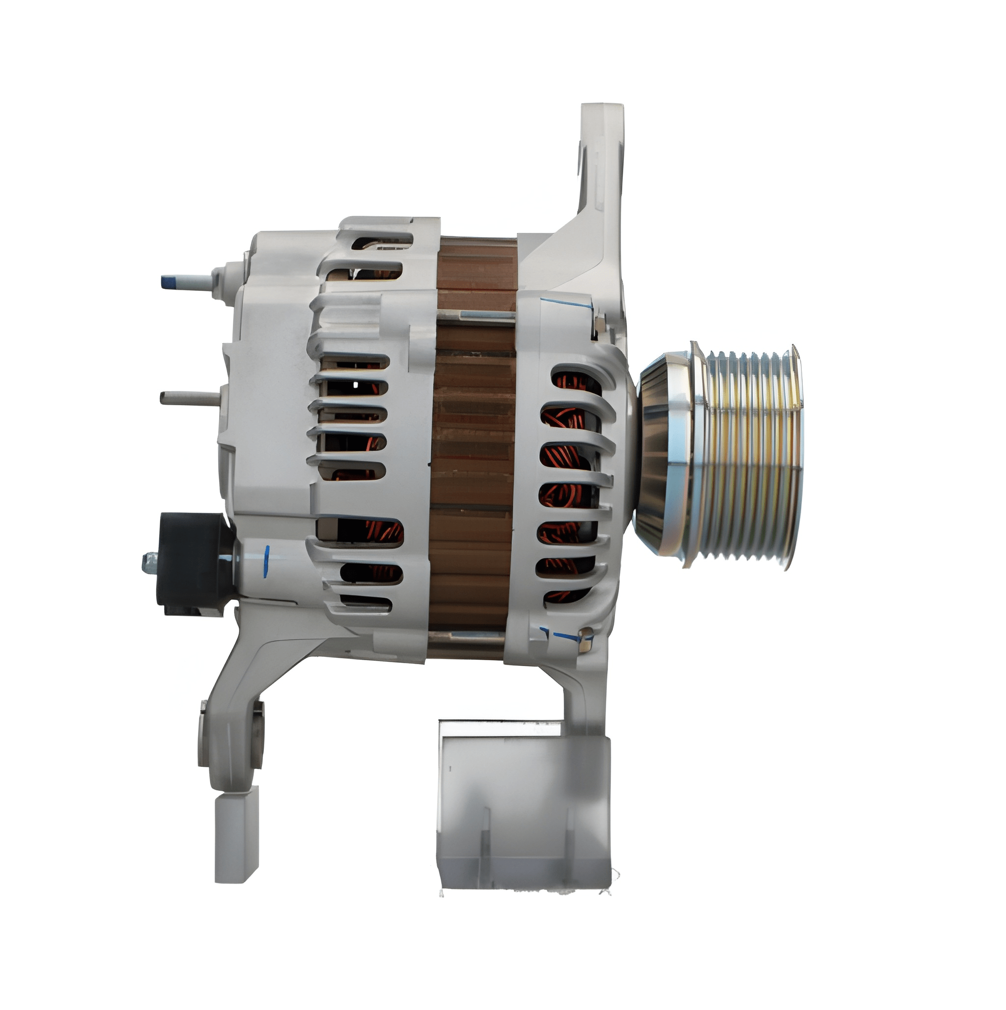 side view of front view of A new aftermarket alternator with a silver and gray color, designed for Renault and volvo trucks. on a white background