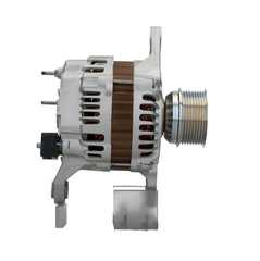 side view of front view of A new aftermarket alternator with a silver and gray color, designed for Renault and volvo trucks. on a white background