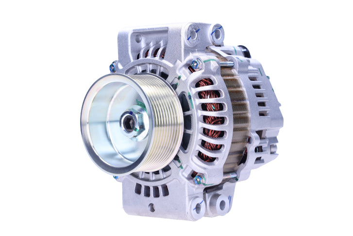 A Scania 100A alternator, predominantly metallic, with a pulley and mounting holes visible.