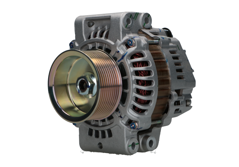 A Scania 100A alternator, showing a metallic body with a pulley and mounting points, against a white background.