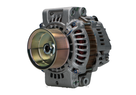 A Scania 100A alternator, showing a metallic body with a pulley and mounting points, against a white background.