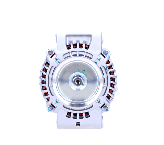 front view of a car alternator on a white background