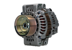 A Scania 100A alternator, showing a metallic body with a pulley and mounting points, against a white background.