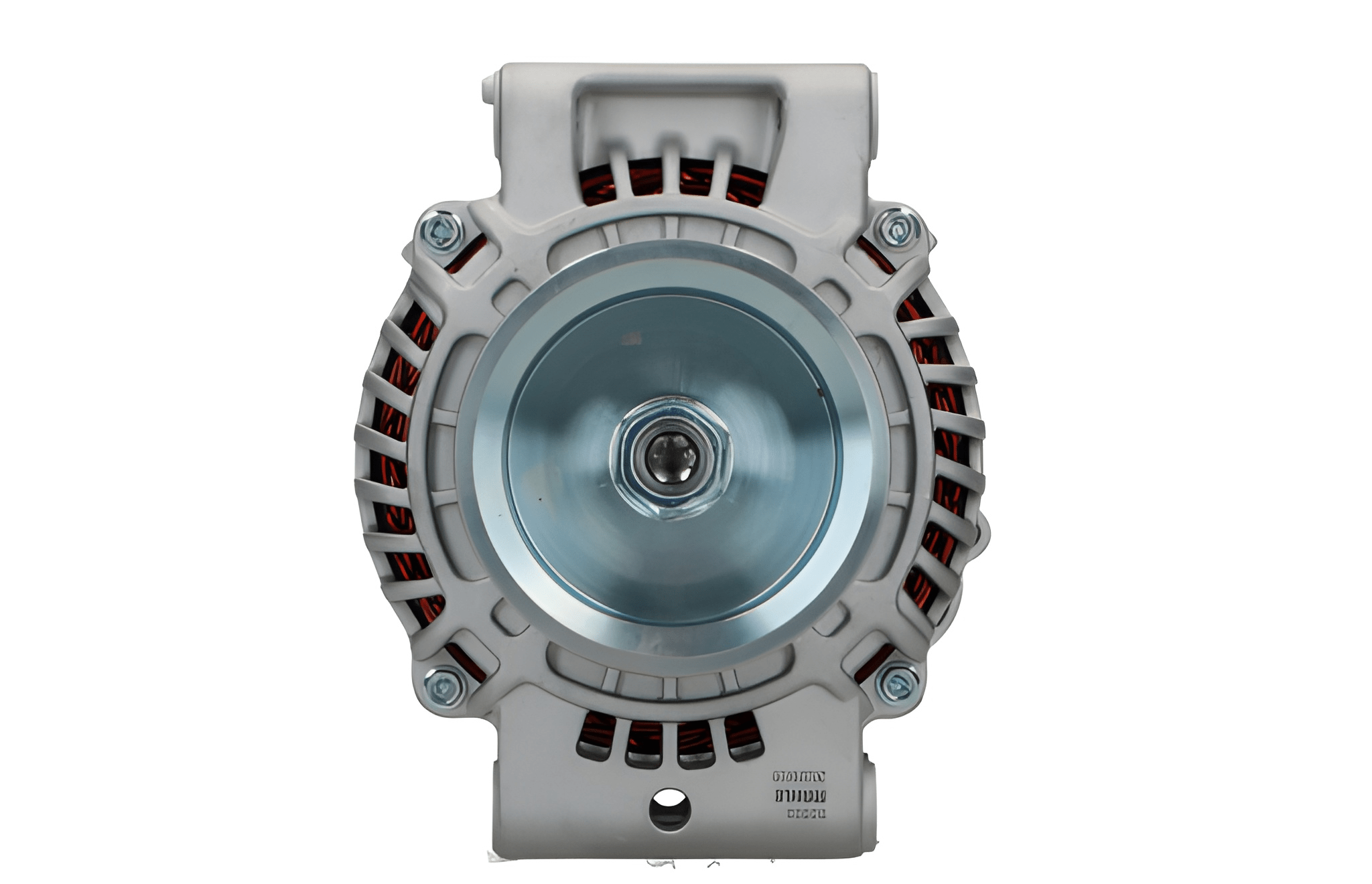 ffront view of A 24V Scania 100A alternator, primarily gray in color, with metal components and a pulley.