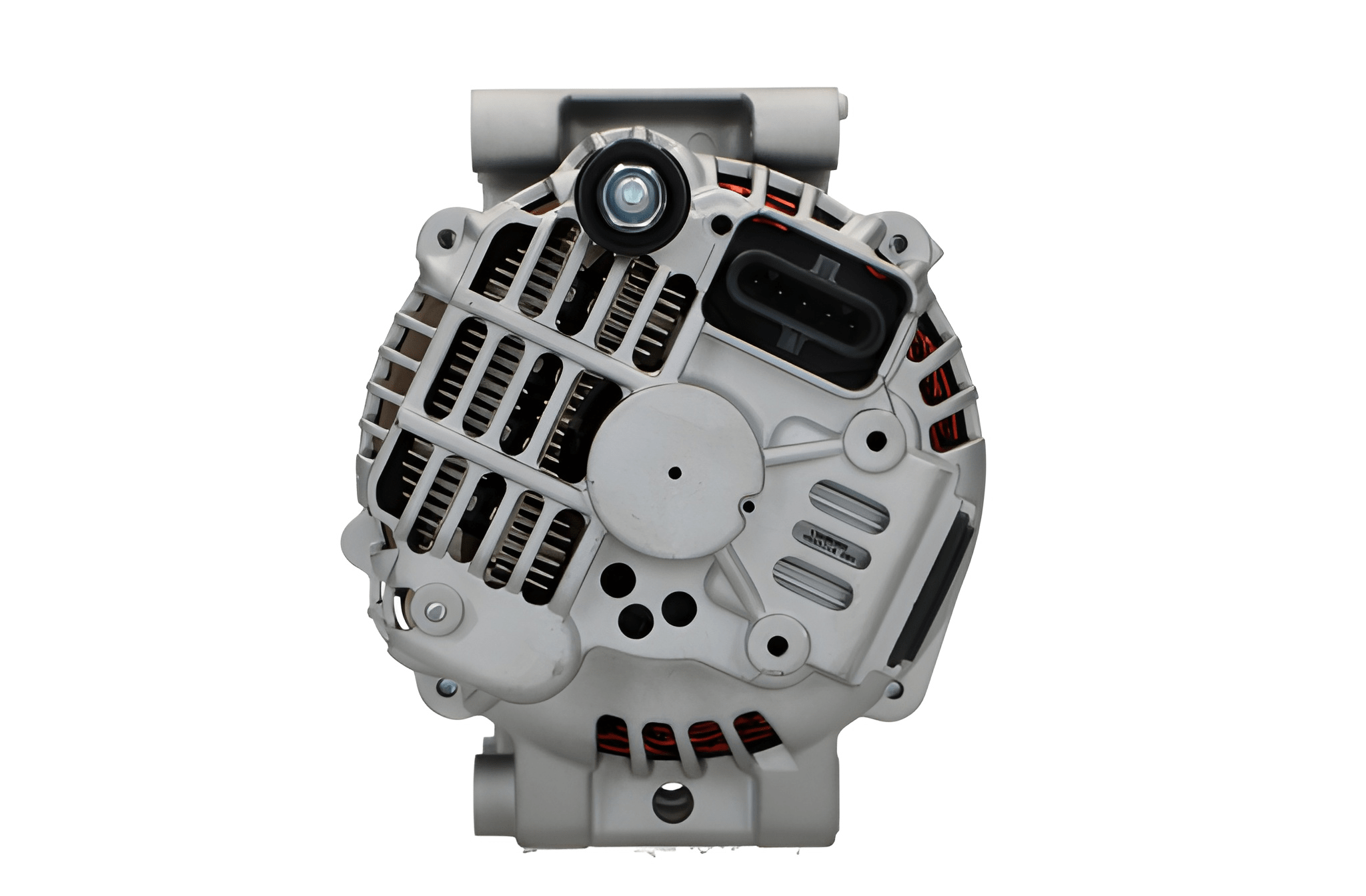 rear view of A 24V Scania 100A alternator, primarily gray in color, with metal components and a pulley.