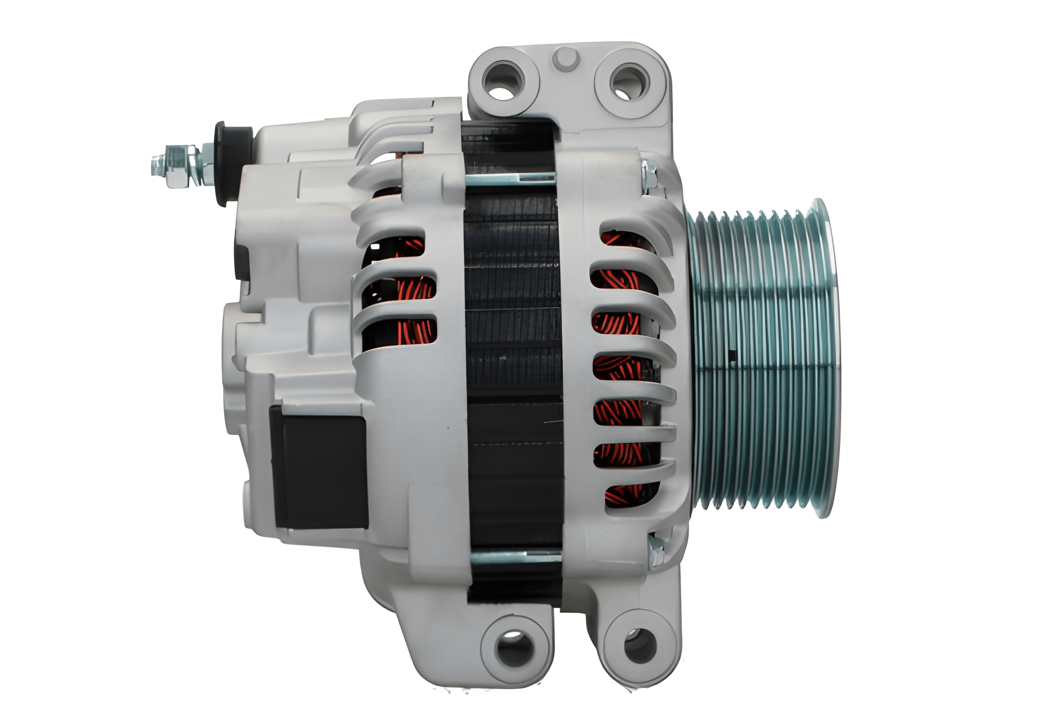 side view of A 24V Scania 100A alternator, primarily gray in color, with metal components and a pulley.