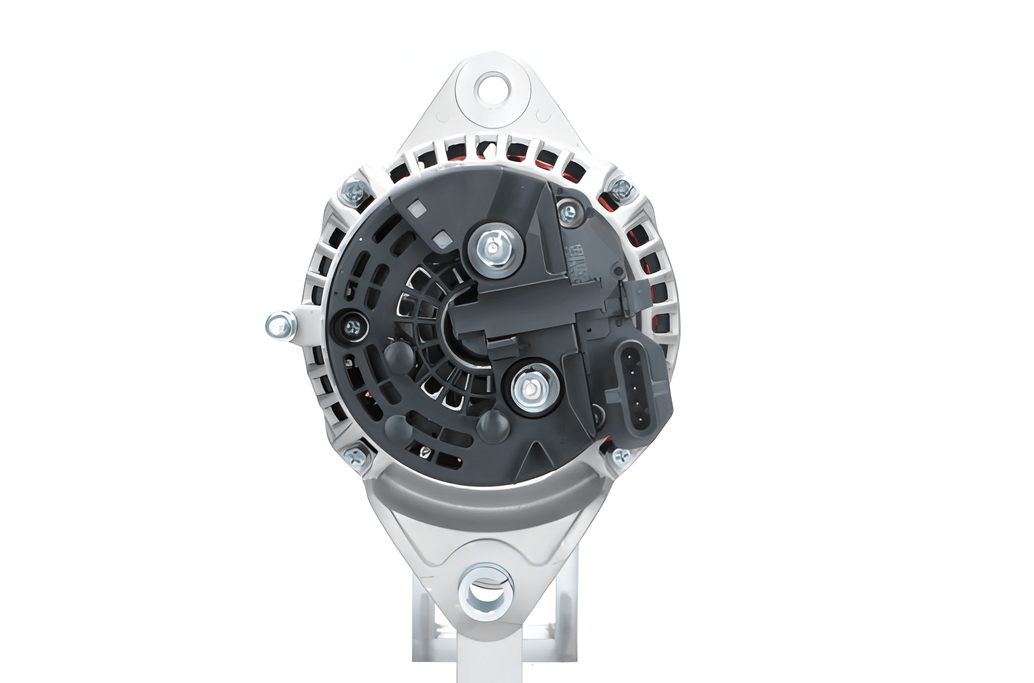 rear view of a Volvo 110A 24V alternator, showing the front view with mounting holes and electrical connectors.