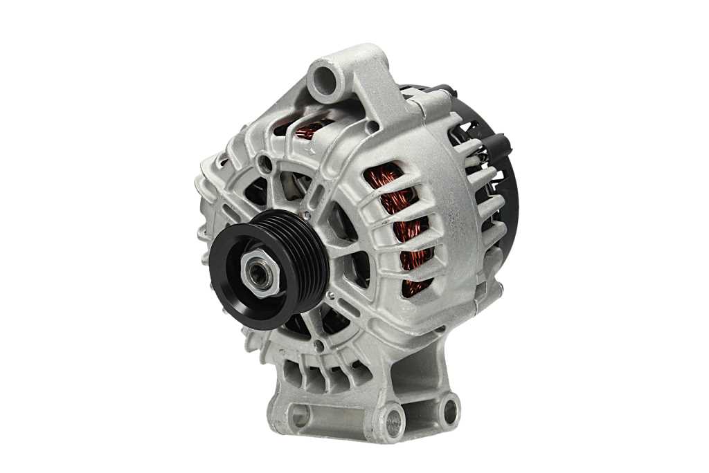A Ford 120A alternator with a metal body, wiring, and a pulley system.