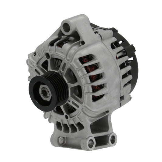 A Ford 12V 120A alternator, showing a metallic body with mounting holes and a pulley for the belt drive.