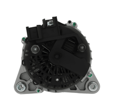 rear view of A new 12V 150Amp aftermarket alternator for Ford vehicles, with a metal body and a black plastic cover.
