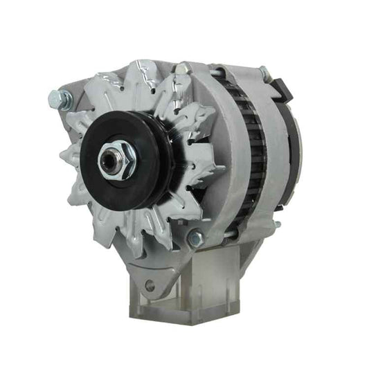A Ford 70A alternator with a pulley, mounting holes, and a metal body on a white background