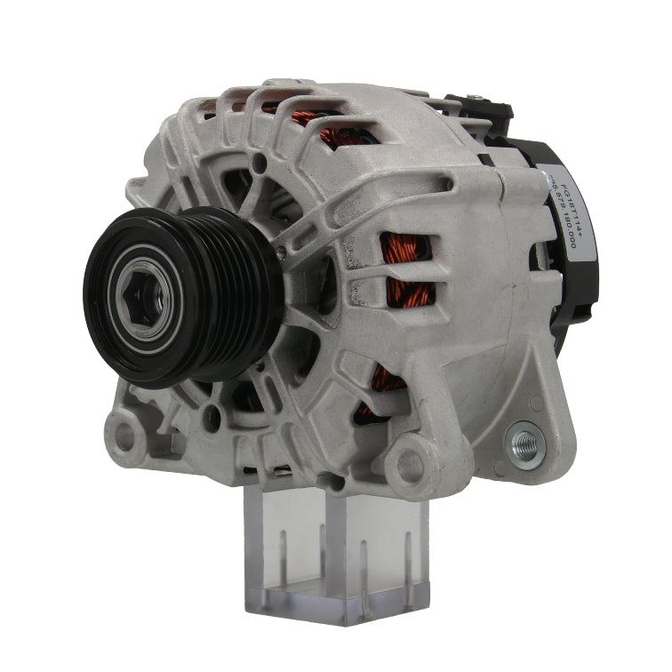 A Ford 180A alternator, showing a metal body with a pulley, mounting points, and electrical connectors.