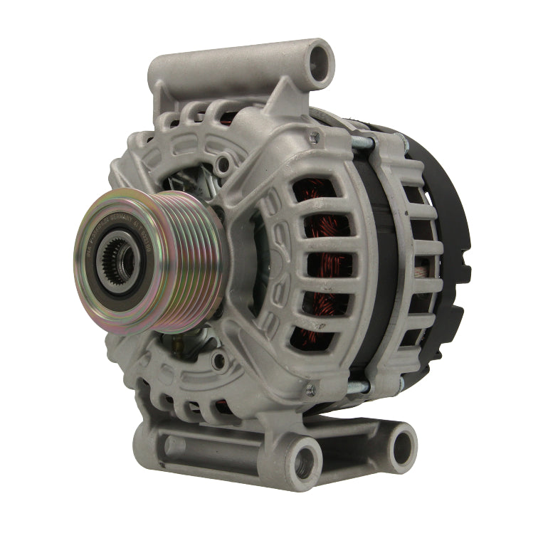 A new aftermarket alternator for Ford vehicles, featuring a metal body with a pulley and connectors.