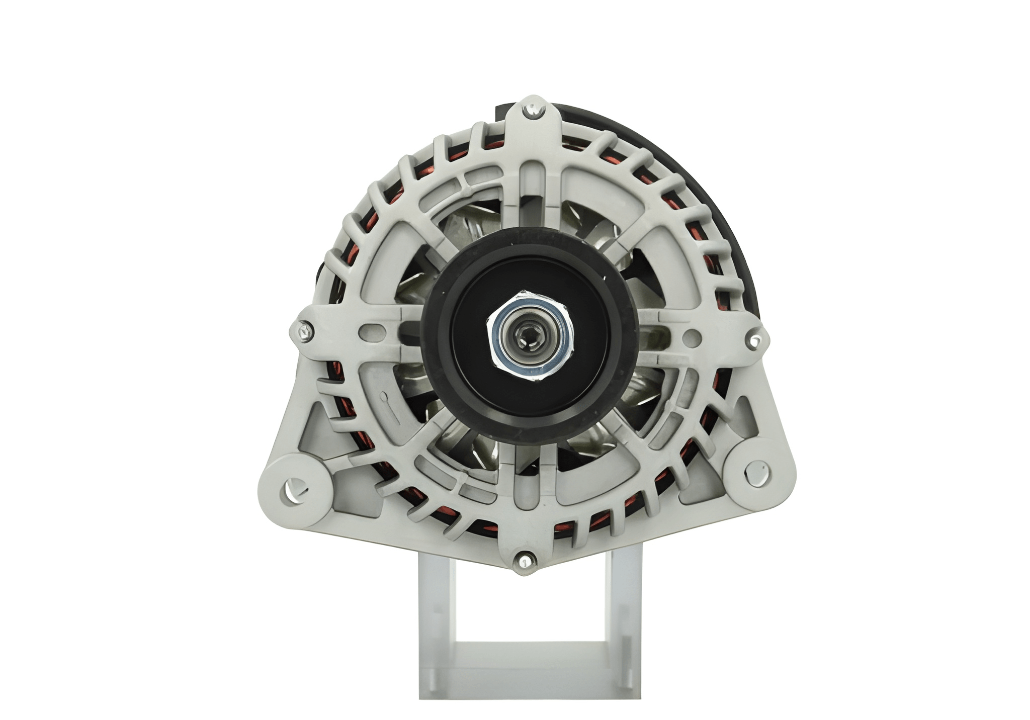front view of A Ford 12V, 130A alternator, showing a metal body with a gray and black color scheme, including a pulley and mounting points.  Fits Frd Transit and Ford Tourneo