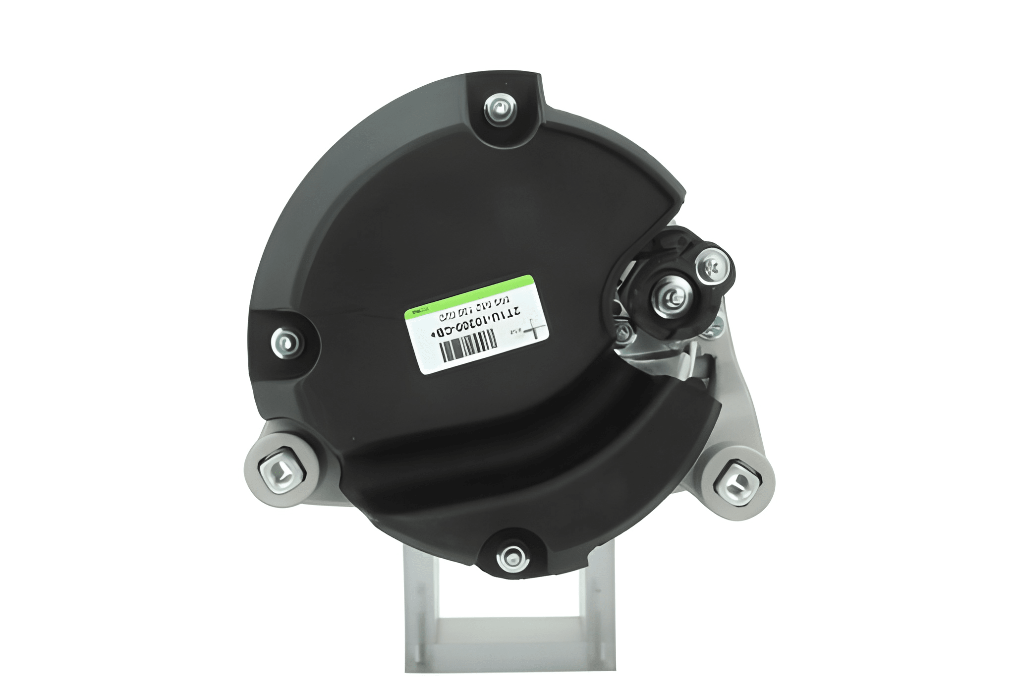 rear view of A Ford 12V, 130A alternator, showing a metal body with a gray and black color scheme, including a pulley and mounting points.  Fits Frd Transit and Ford Tourneo