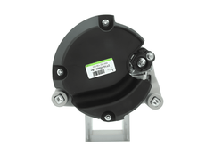 rear view of A Ford 12V, 130A alternator, showing a metal body with a gray and black color scheme, including a pulley and mounting points.  Fits Frd Transit and Ford Tourneo