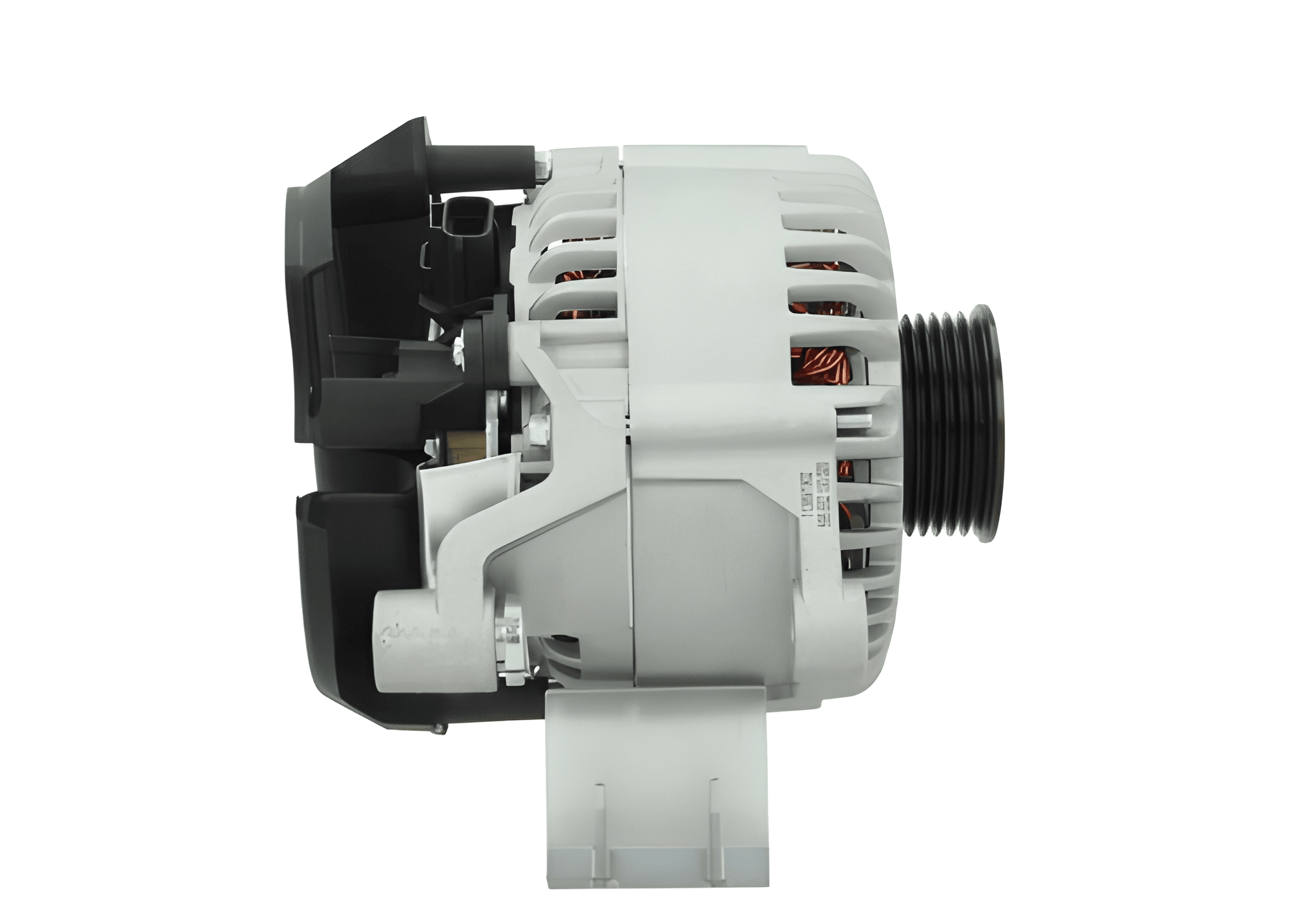 side view of A Ford 12V, 130A alternator, showing a metal body with a gray and black color scheme, including a pulley and mounting points.  Fits Frd Transit and Ford Tourneo