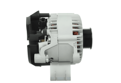 side view of A Ford 12V, 130A alternator, showing a metal body with a gray and black color scheme, including a pulley and mounting points.  Fits Frd Transit and Ford Tourneo