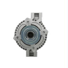 front view of A new aftermarket alternator, predominantly in gray color, with a pulley for a vehicle's electrical system. Fits Honda cars. on a white background
