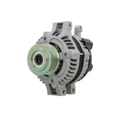 A new aftermarket alternator, predominantly in gray color, with a pulley for a vehicle's electrical system.
