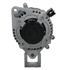 front view of A new aftermarket alternator with a metal body, black in color, with multiple electrical connectors and a pulley for the belt drive. on a white background