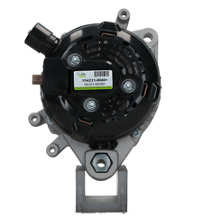 rear view of A new aftermarket alternator with a metal body, black in color, with multiple electrical connectors and a pulley for the belt drive. on a white background