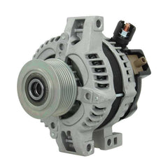 A new aftermarket alternator with a gray body, metal housing, and a free wheel pulley. on a white background