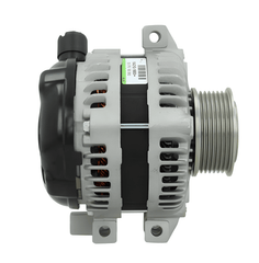 side view of A new aftermarket alternator with a gray body, metal housing, and a free wheel pulley. on a white background
