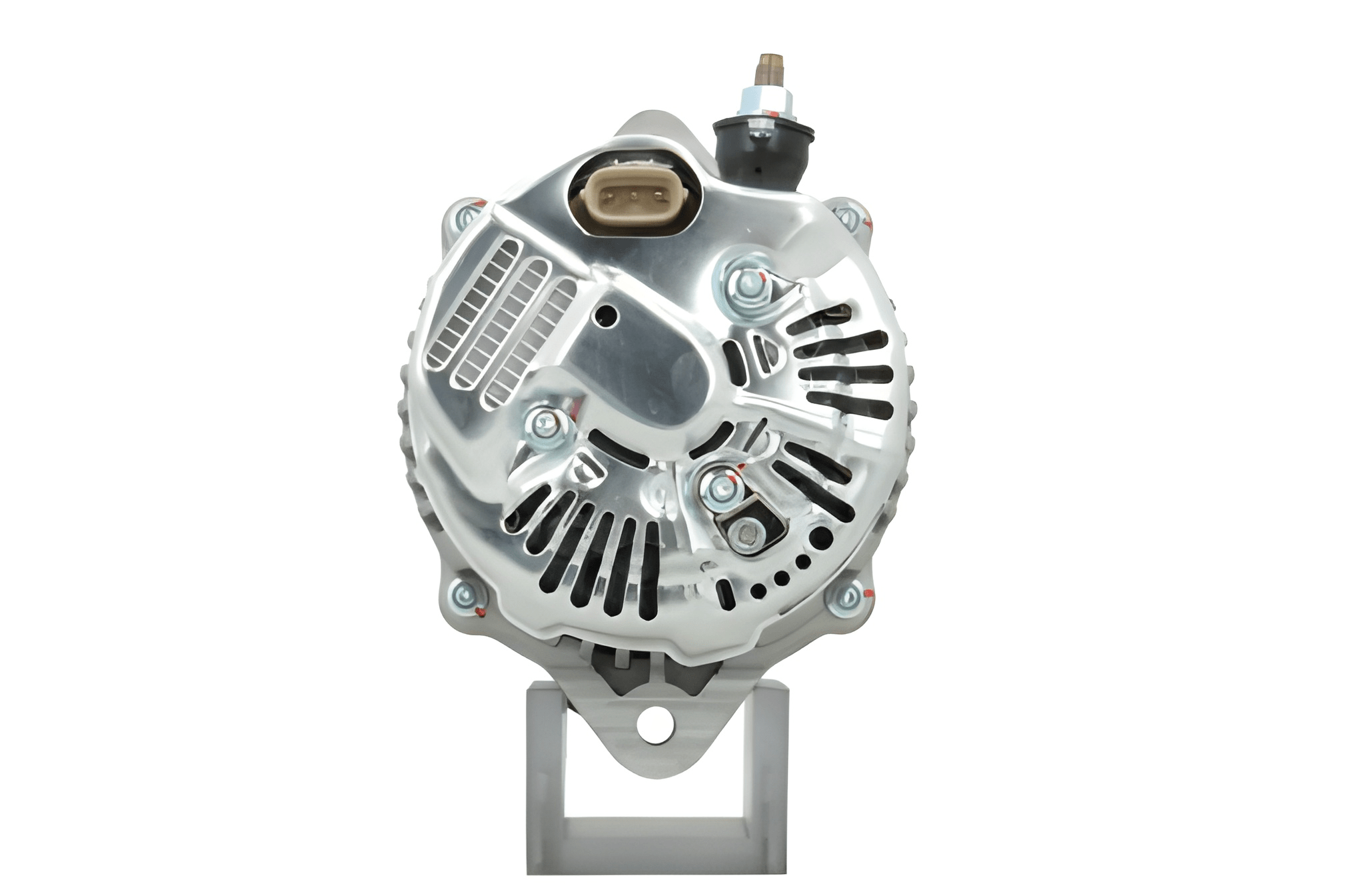 rear front view of A new 120amp 12V aftermarket alternator for Land Rover vehicles, with a metal body and a pulley for belt-driven operation.