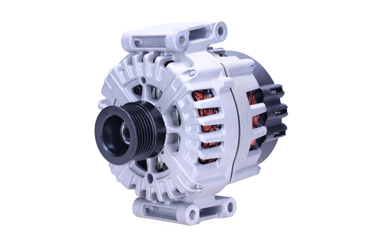 A new 12V, 200amps alternator for Mercedes vehicles, with a metal body and plastic components, isolated on a white background.
