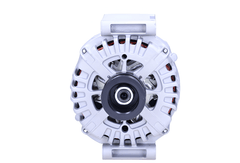 front view of A new 12V, 200amps alternator for Mercedes vehicles, with a metal body and plastic components, isolated on a white background.