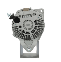 rear view of a new aftermarket alternator with a metal body, electrical connectors, and a pulley for a vehicle. on a white background